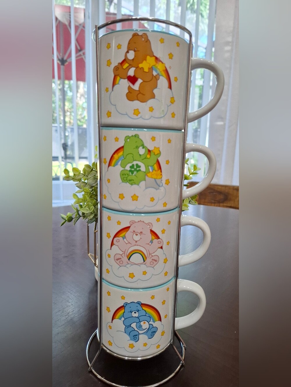 Care Bears 4 piece Stacking Mug Set with silver stacking rack